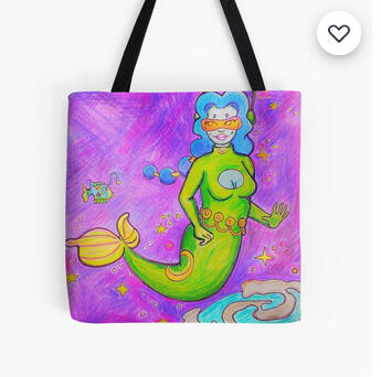 illustration of a mermaid in space. the mermaid has blue hair in a bobble braid and a green suit. Behind her,space is purple. there are planets and stars.
