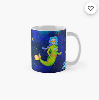 a white mug with the illustration of a mermaid in space. next to her it says "galactic mermaid. Think far out. Feel too deep."
